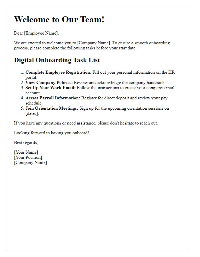 Letter template of Digital Onboarding Task List