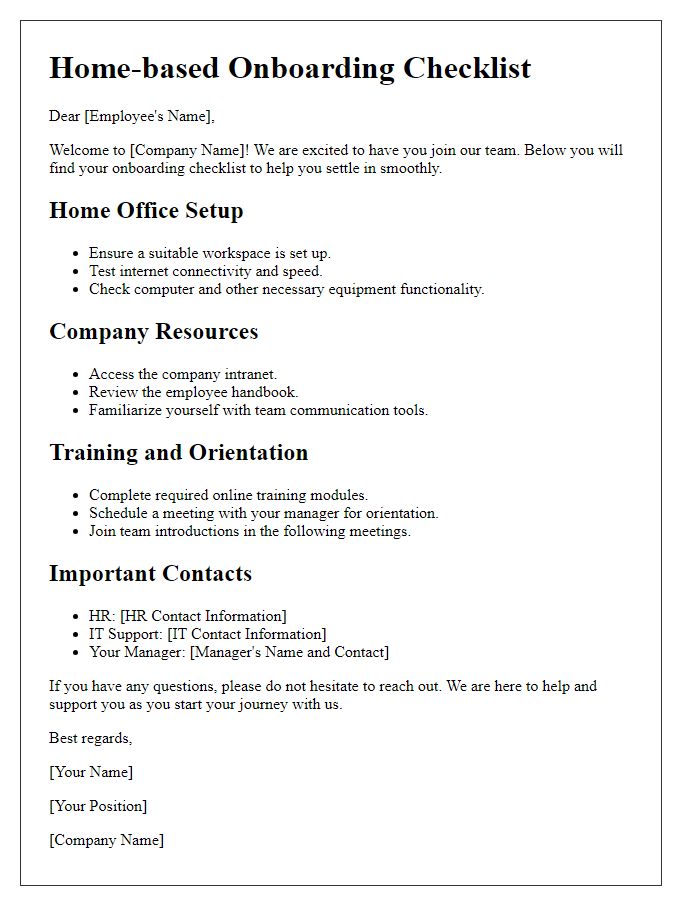 Letter template of Home-based Onboarding Checklist