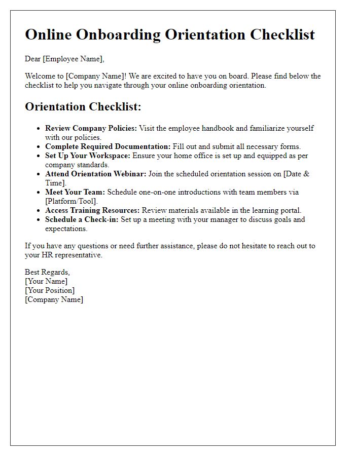 Letter template of Online Onboarding Orientation Checklist