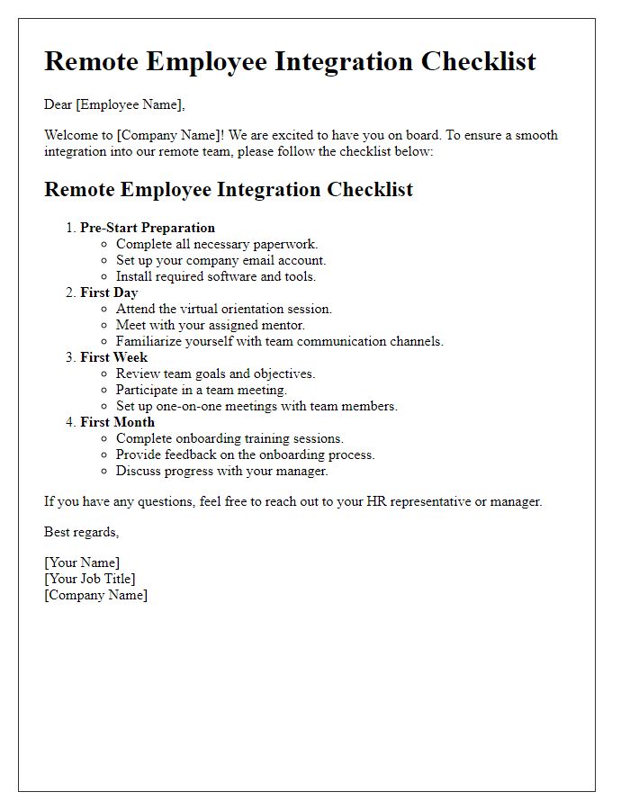 Letter template of Remote Employee Integration Checklist