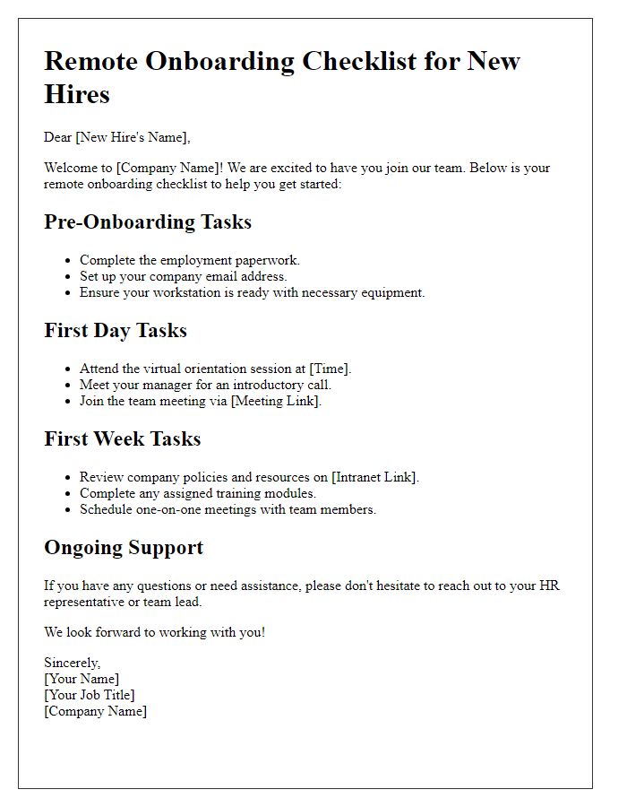 Letter template of Remote Onboarding Checklist for New Hires