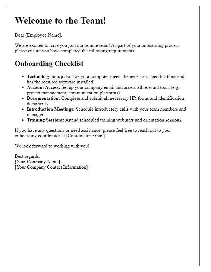 Letter template of Remote Team Onboarding Requirements