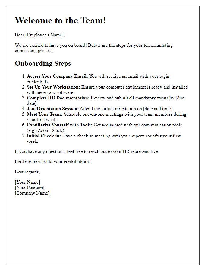 Letter template of Telecommuting Onboarding Steps