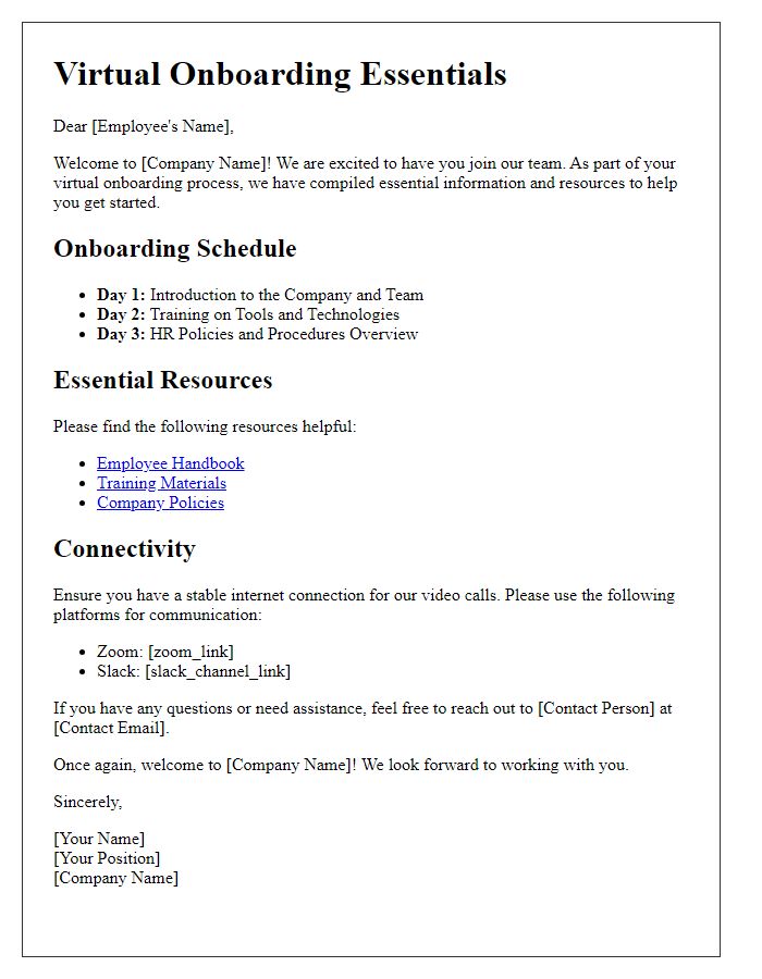 Letter template of Virtual Onboarding Essentials