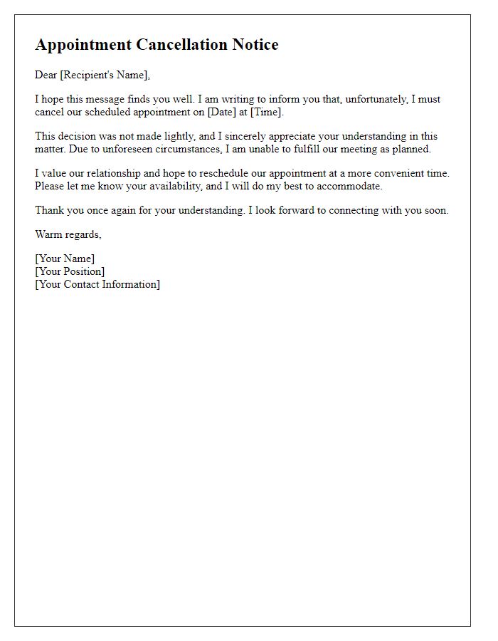 Letter template of appointment cancellation notice with gratitude for understanding