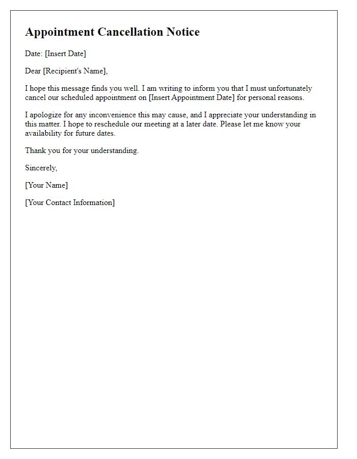 Letter template of appointment cancellation notice for personal reasons