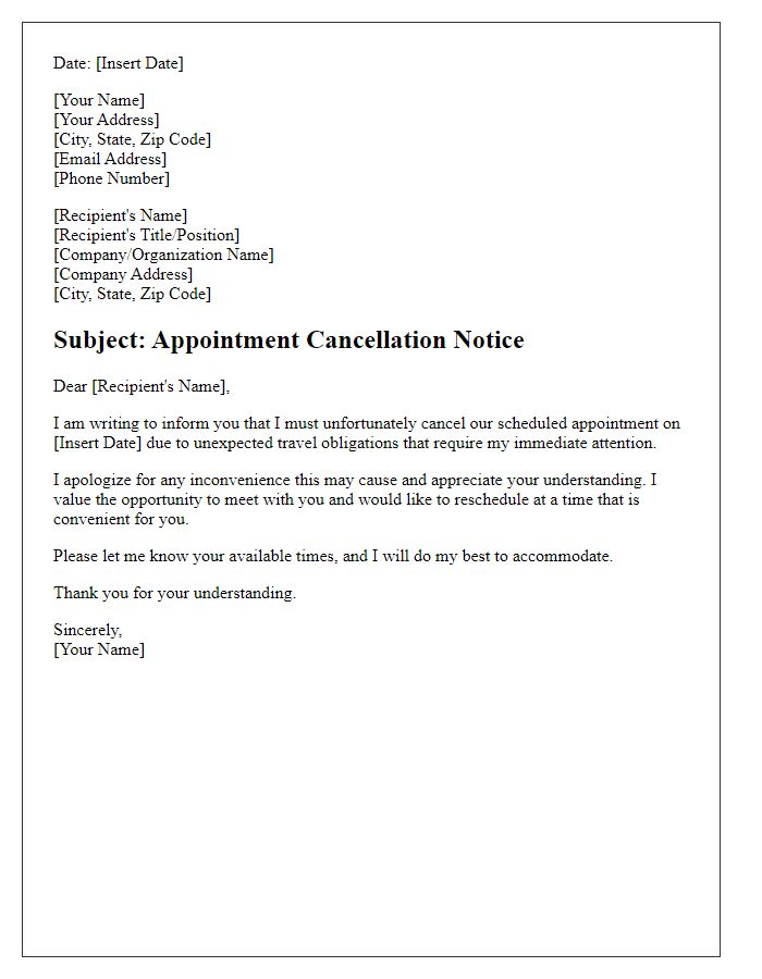 Letter template of appointment cancellation notice for travel obligations