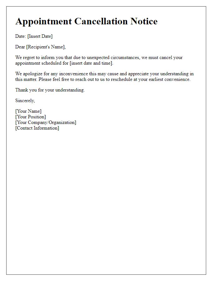 Letter template of appointment cancellation notice for unexpected circumstances