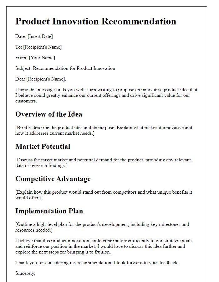 Letter template of product innovation recommendation