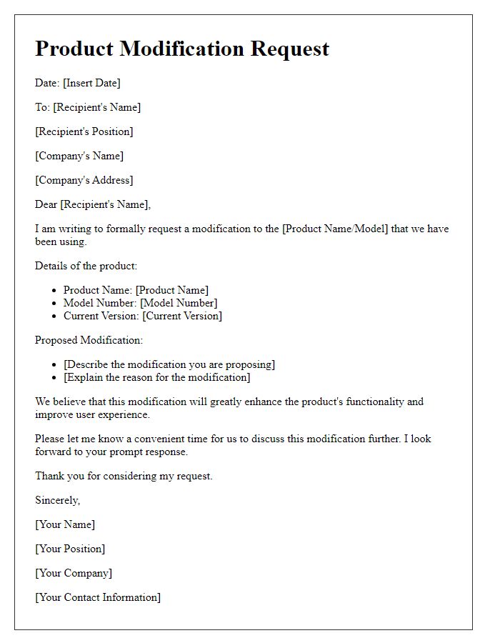 Letter template of product modification request