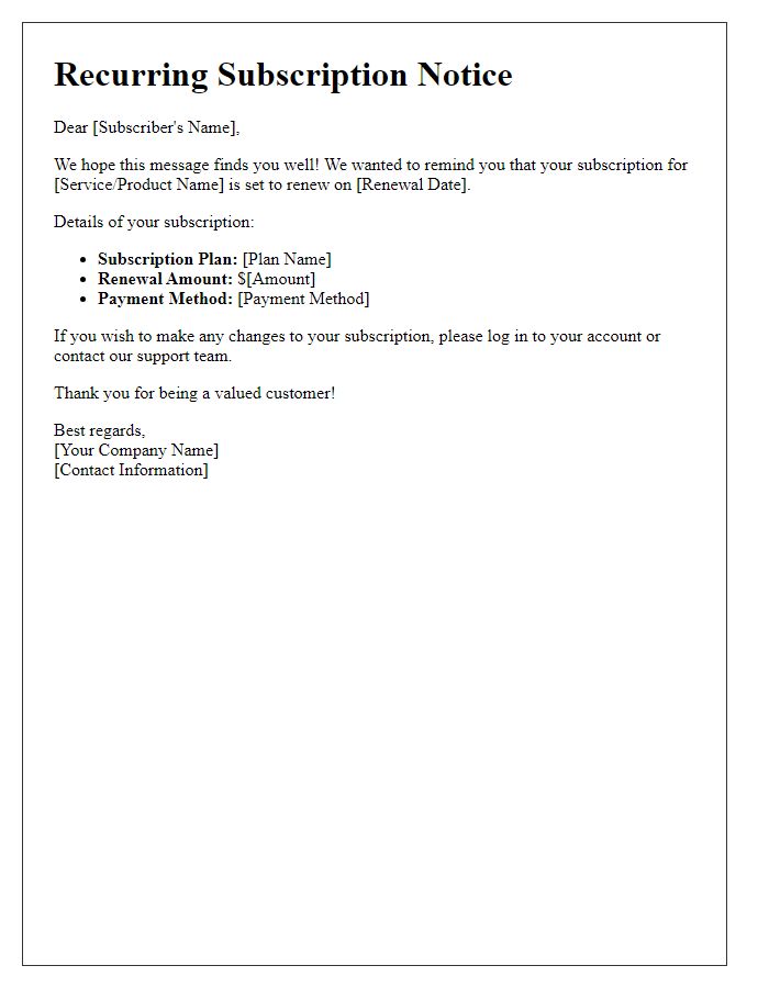 Letter template of recurring subscription notice