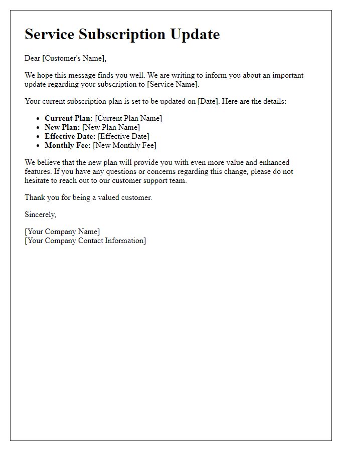Letter template of service subscription update