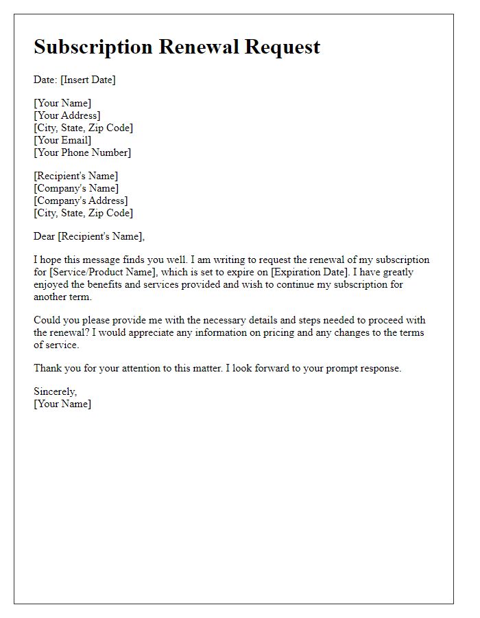 Letter template of subscription renewal request