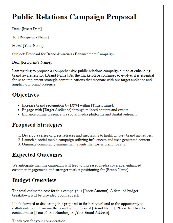 Letter template of a public relations campaign proposal for brand awareness enhancement.