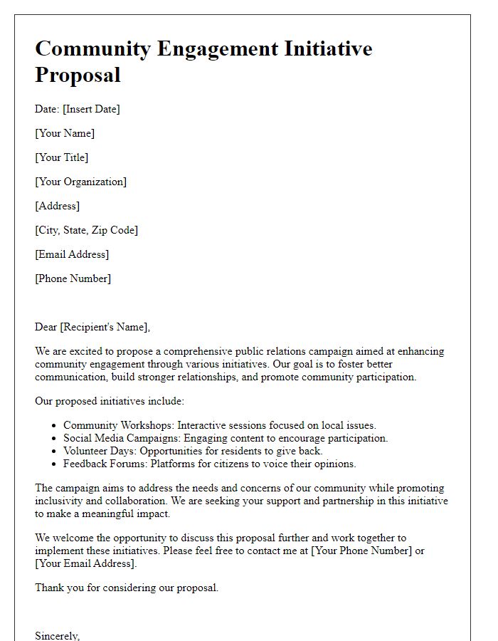 Letter template of a public relations campaign proposal for community engagement initiatives.