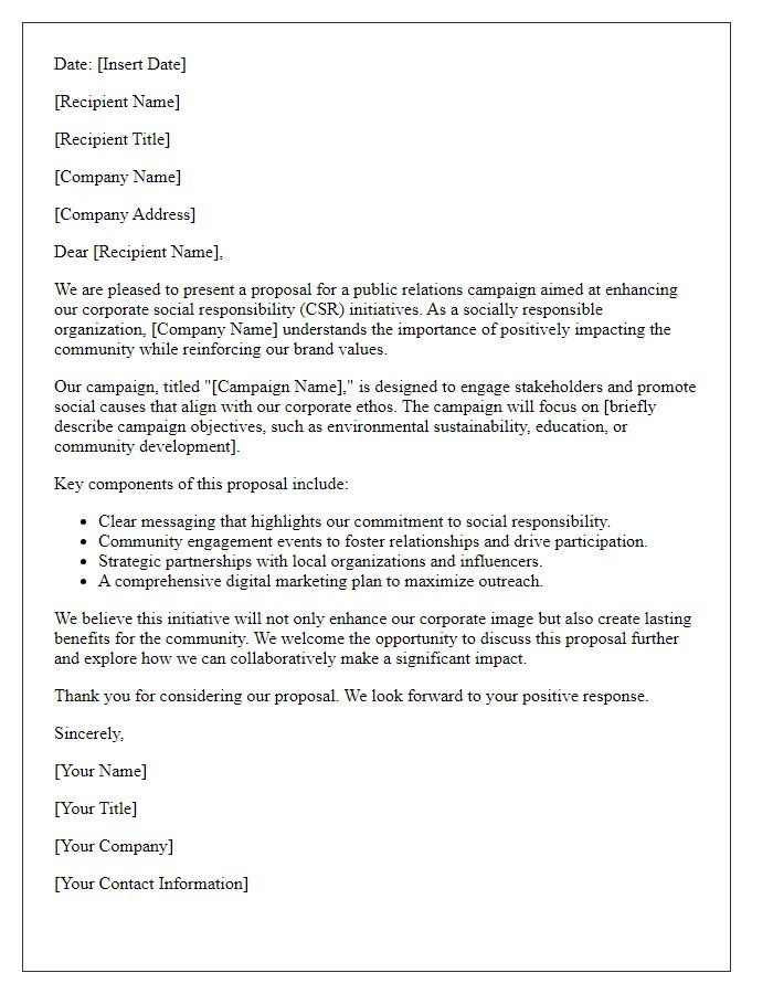 Letter template of a public relations campaign proposal for corporate social responsibility projects.