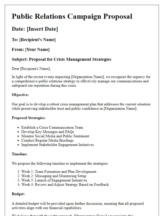 Letter template of a public relations campaign proposal for crisis management strategies.