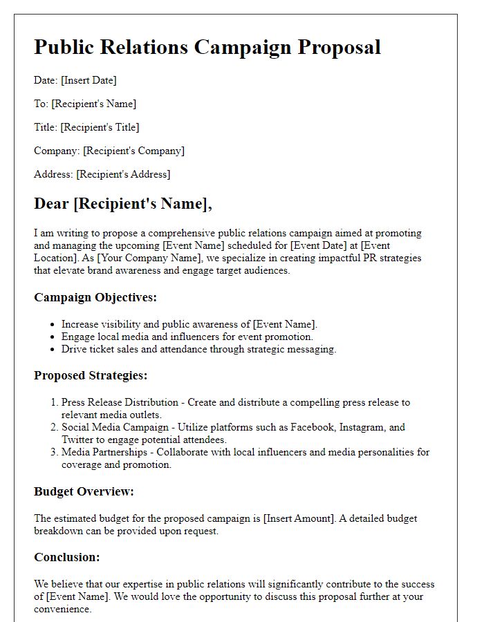 Letter template of a public relations campaign proposal for event promotion and management.