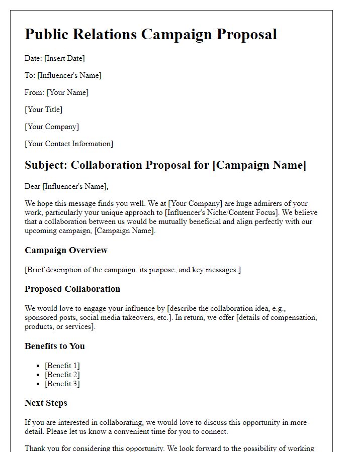 Letter template of a public relations campaign proposal for influencer collaboration efforts.