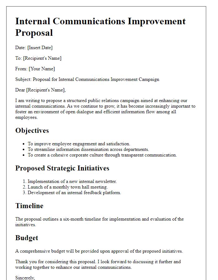 Letter template of a public relations campaign proposal for internal communications improvement.