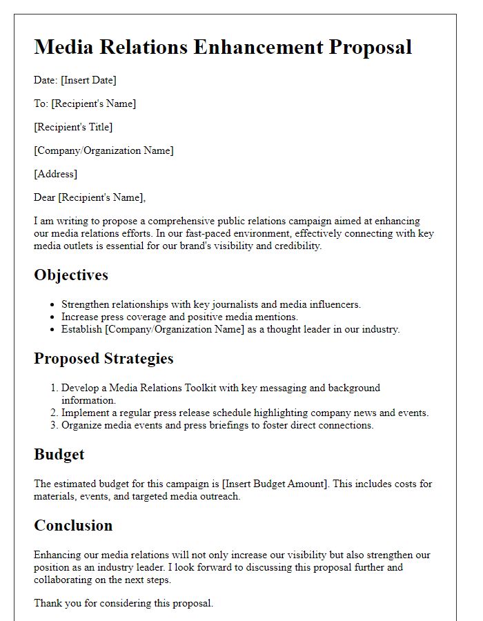 Letter template of a public relations campaign proposal for media relations enhancement.