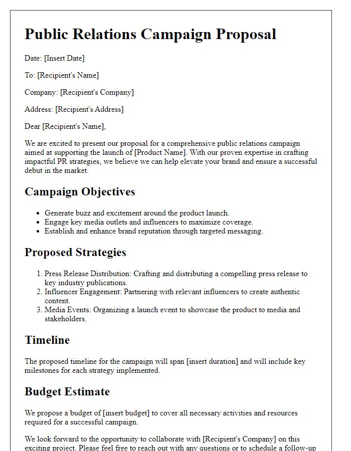 Letter template of a public relations campaign proposal for product launch support.