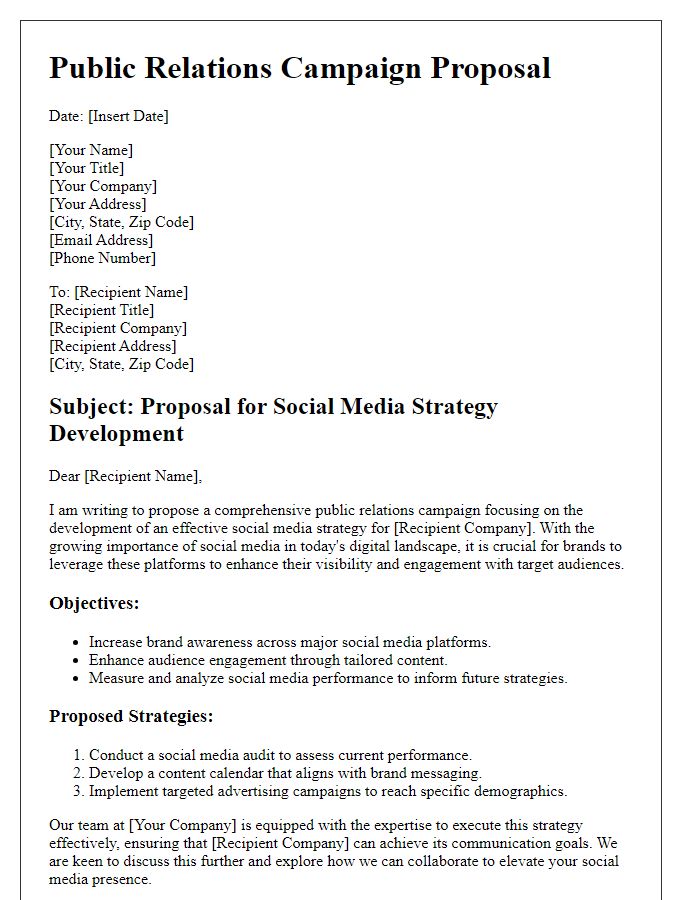 Letter template of a public relations campaign proposal for social media strategy development.