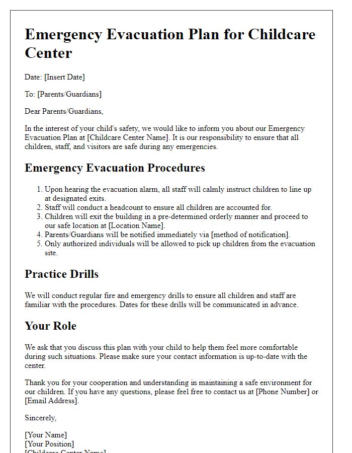 Letter template of emergency evacuation plan for childcare centers.