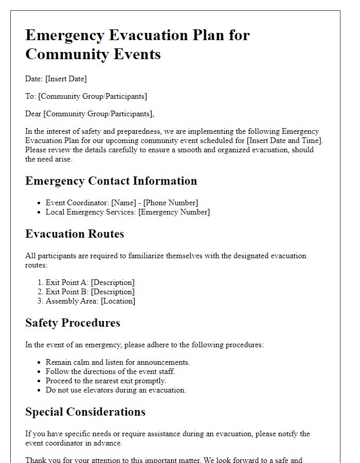 Letter template of emergency evacuation plan for community events.