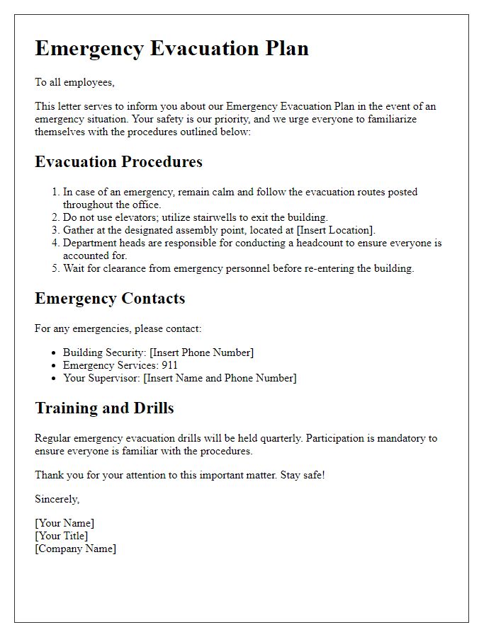 Letter template of emergency evacuation plan for corporate offices.