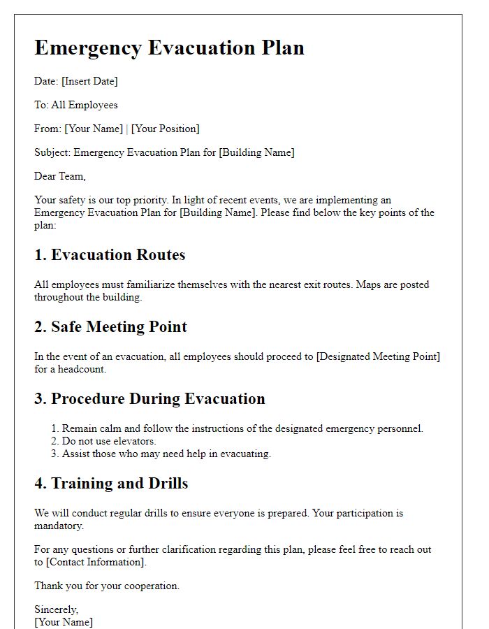 Letter template of emergency evacuation plan for government buildings.