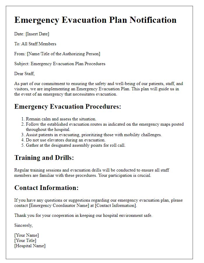 Letter template of emergency evacuation plan for hospitals.