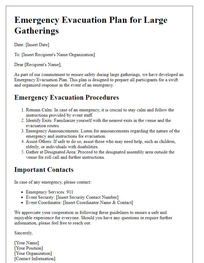 Letter template of emergency evacuation plan for large gatherings.