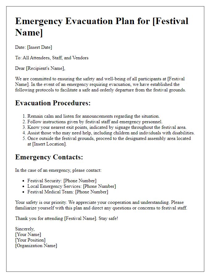 Letter template of emergency evacuation plan for outdoor festivals.