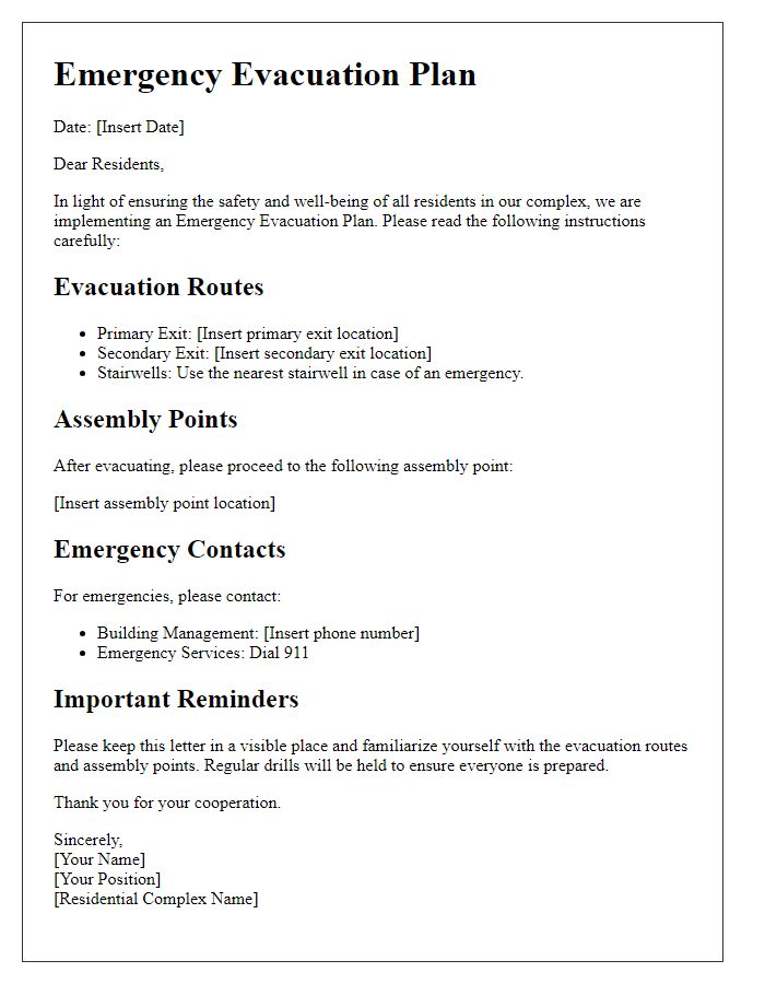 Letter template of emergency evacuation plan for residential complexes.