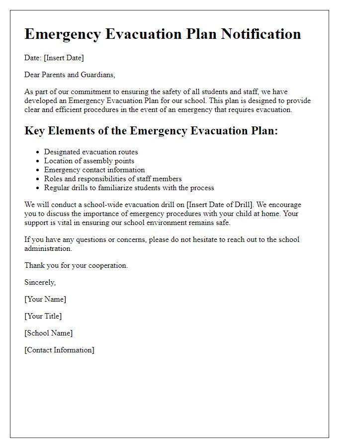 Letter template of emergency evacuation plan for schools.