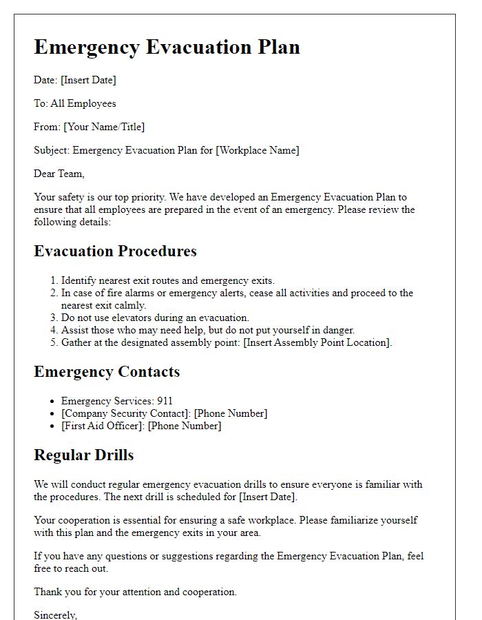 Letter template of emergency evacuation plan for workplaces.