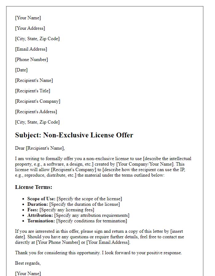 Letter template of non-exclusive license offer