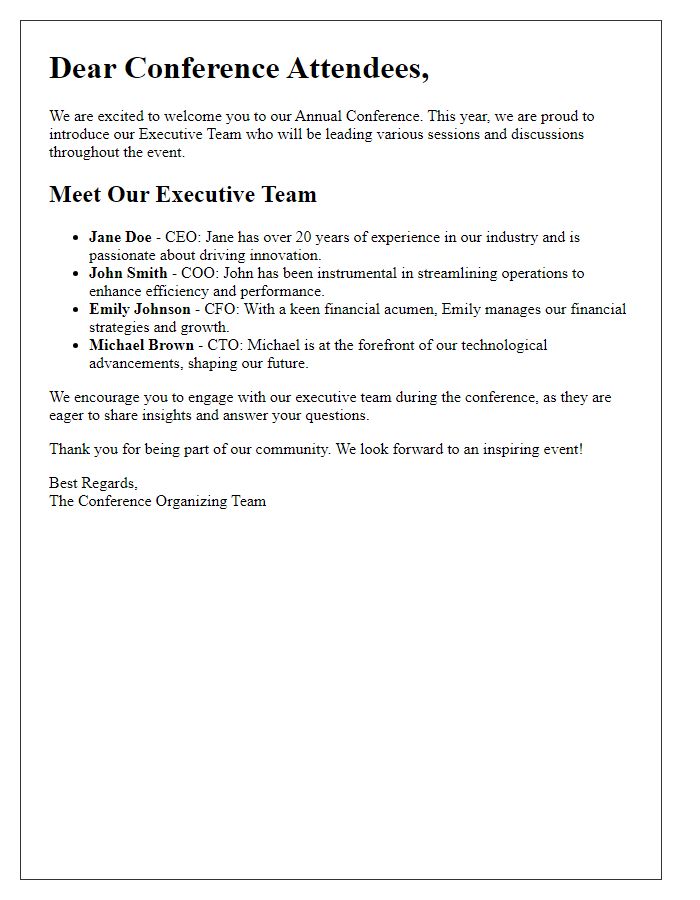 Letter template of executive team introduction for annual conference.