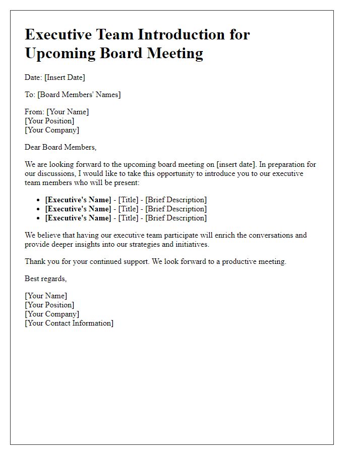 Letter template of executive team introduction for board meeting.