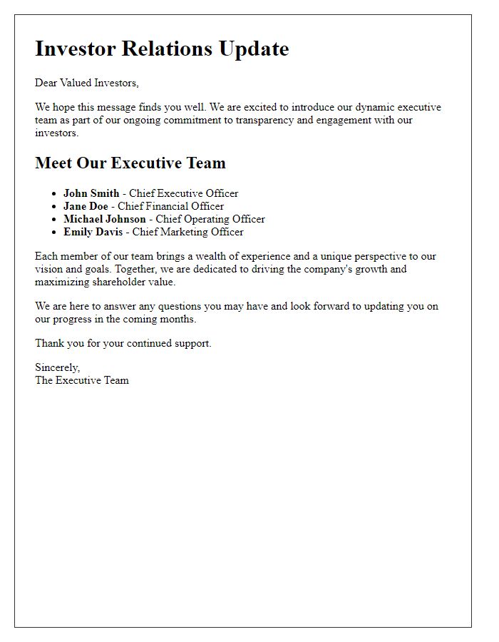 Letter template of executive team introduction for investor relations update.