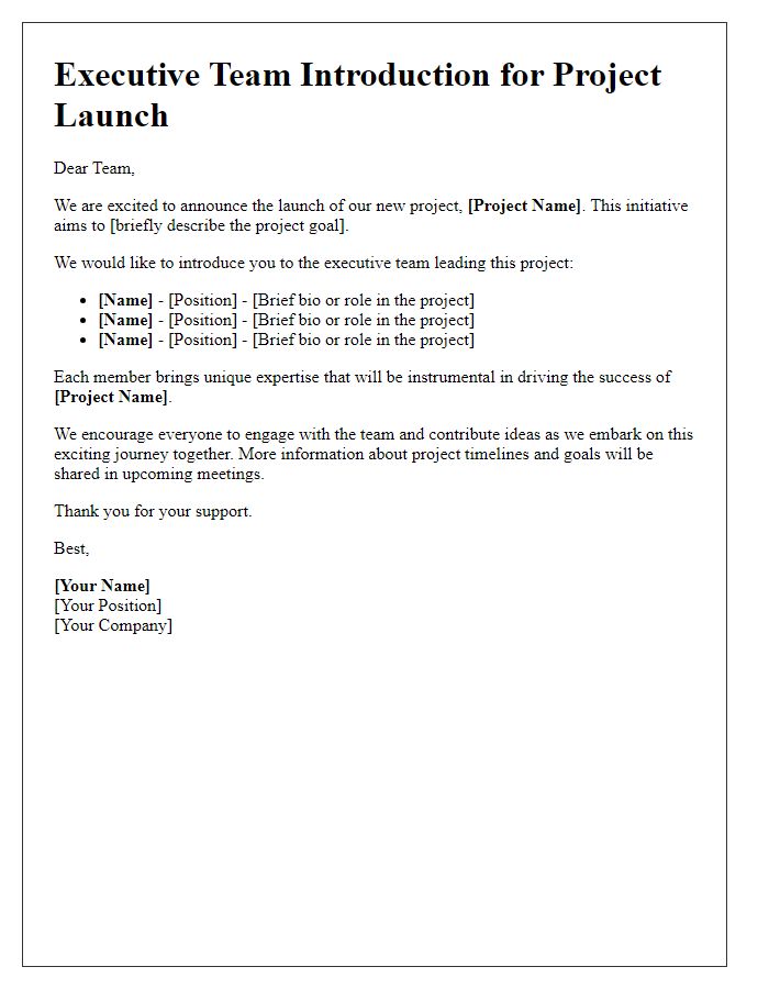 Letter template of executive team introduction for new project launch.