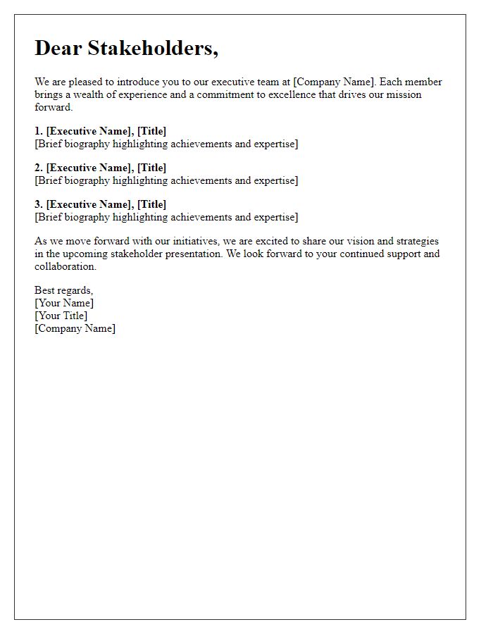 Letter template of executive team introduction for stakeholder presentation.