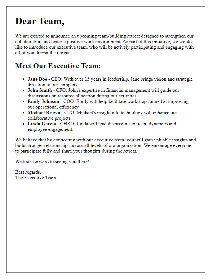 Letter template of executive team introduction for team-building retreat.