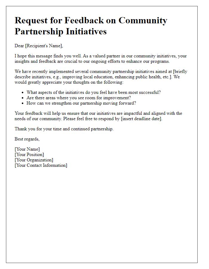 Letter template of feedback request for community partnership initiatives.