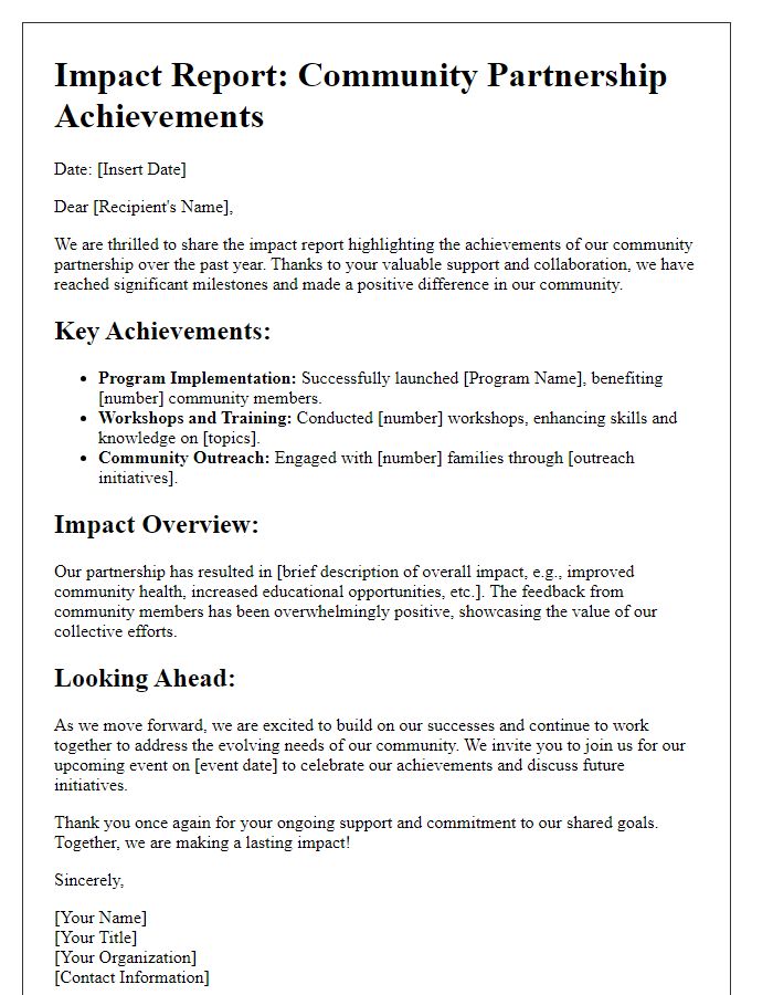 Letter template of impact report for community partnership achievements.