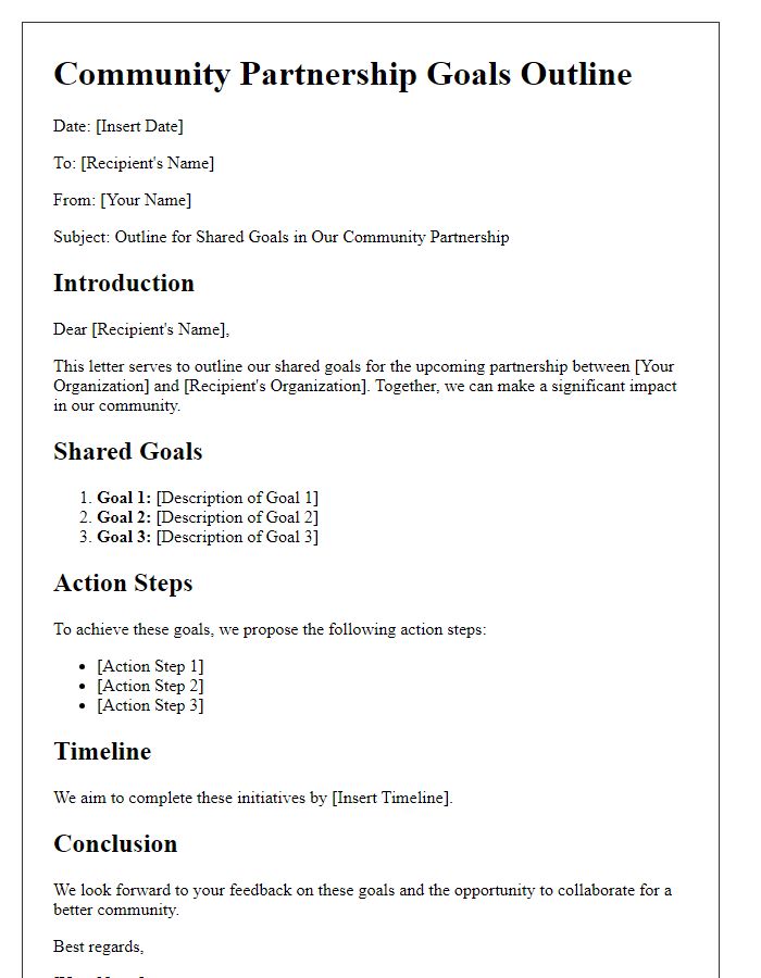 Letter template of outline for shared goals in community partnership.