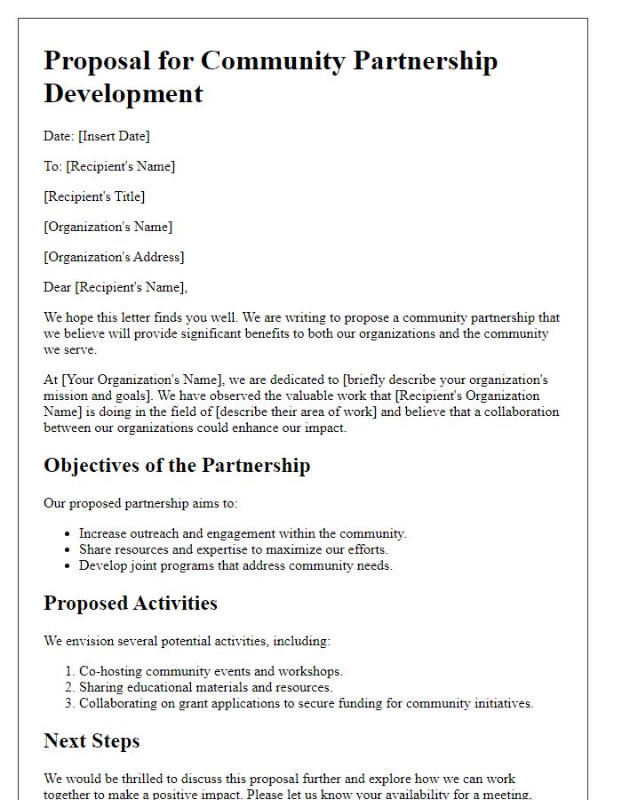 Letter template of proposal for community partnership development.