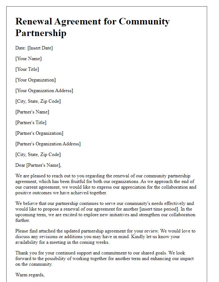 Letter template of renewal for ongoing community partnership agreements.