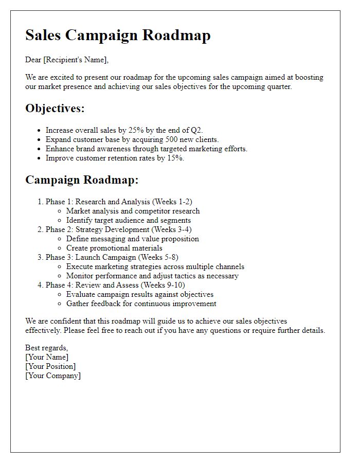 Letter template of sales campaign roadmap and objectives